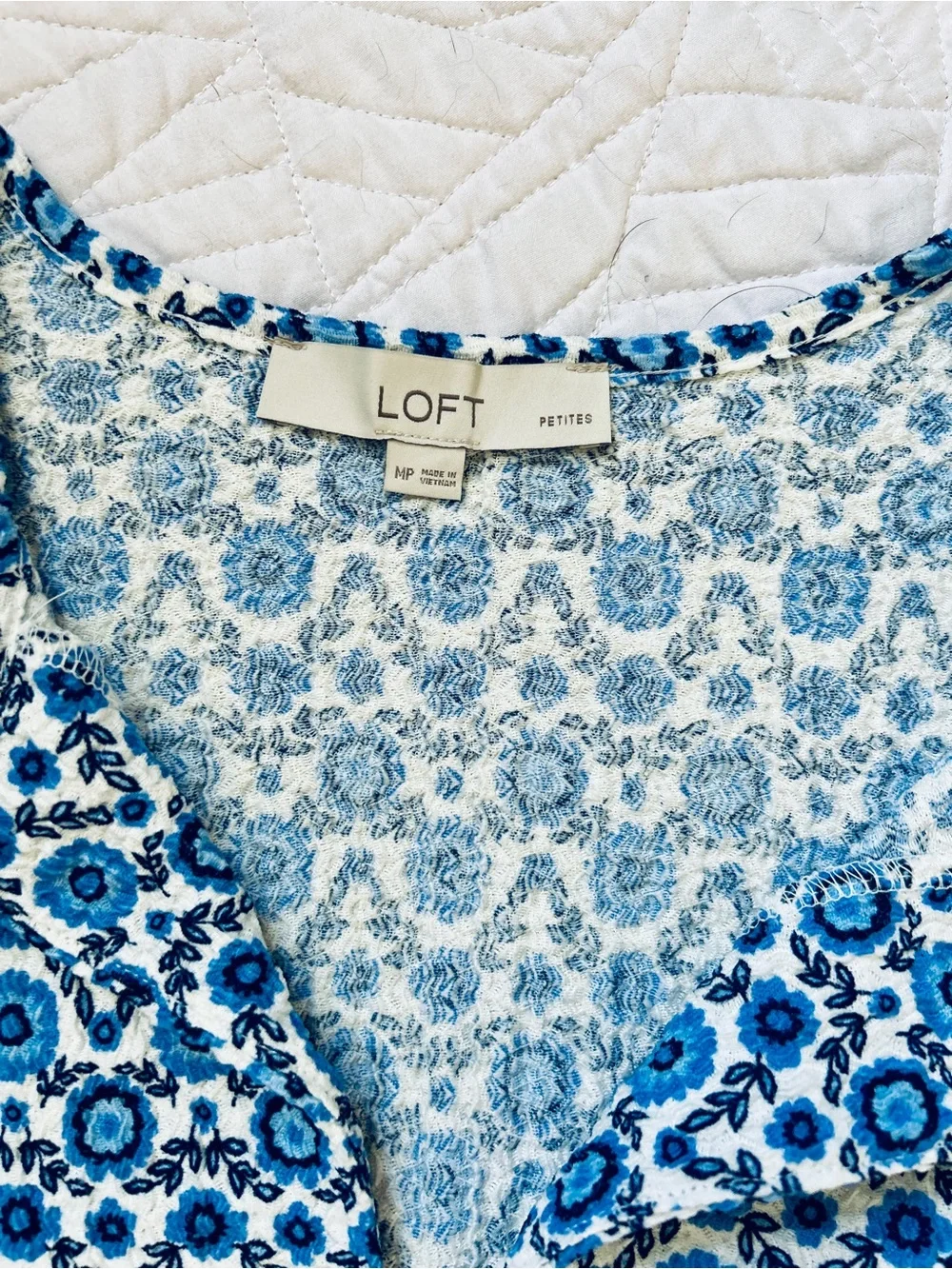 LOFT Blue and White Floral Peplum V-Neck Peasant Top